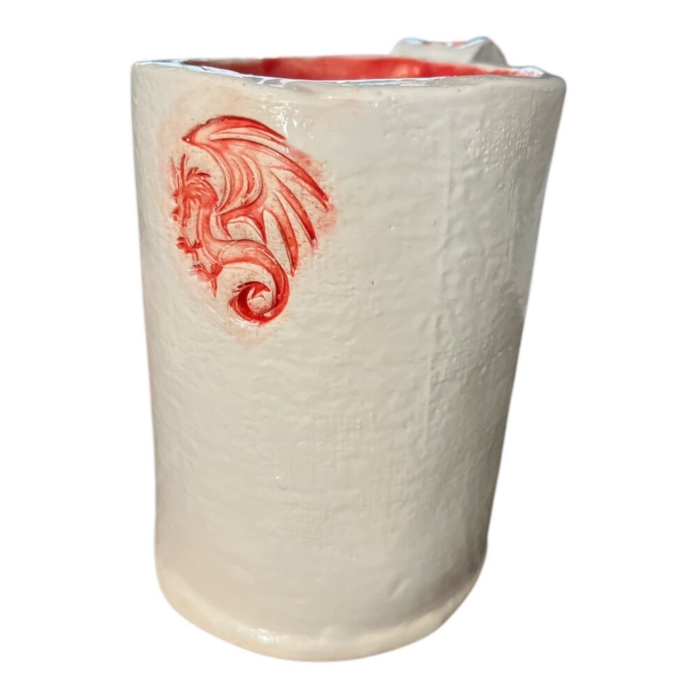 Vintage Y2K Handmade Studio Pottery Dragon Mug Red Interior Artisan Ceramic Cup